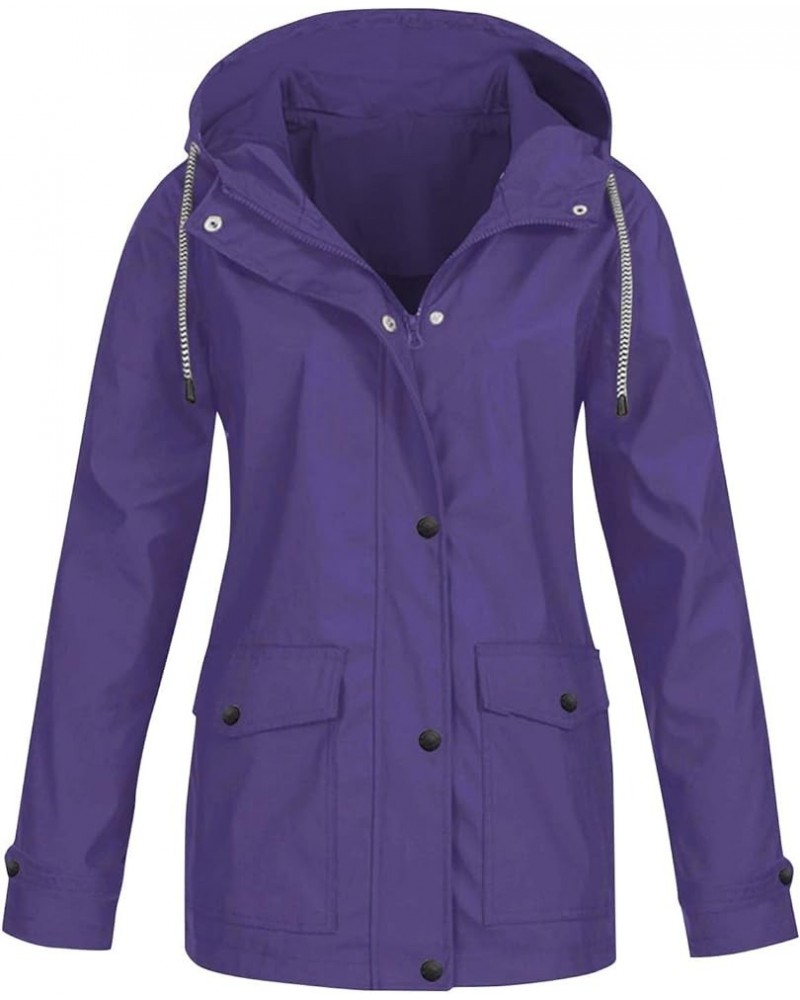 Rain Jackets For Women Waterproof With Hood Plus Size Soild Windproof Hiking Lightweight Coat 05-purple $9.00 Coats