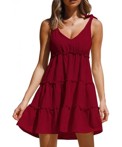 Women's Sleeveless Tie Shoulder Tiered Frill Swing Dress V Neck High Waist Loose Dresses Solid Mini Babydoll Dress Red $18.04...