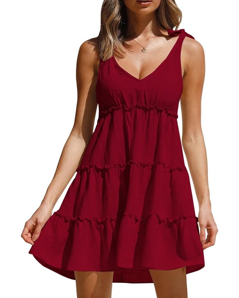 Women's Sleeveless Tie Shoulder Tiered Frill Swing Dress V Neck High Waist Loose Dresses Solid Mini Babydoll Dress Red $18.04...