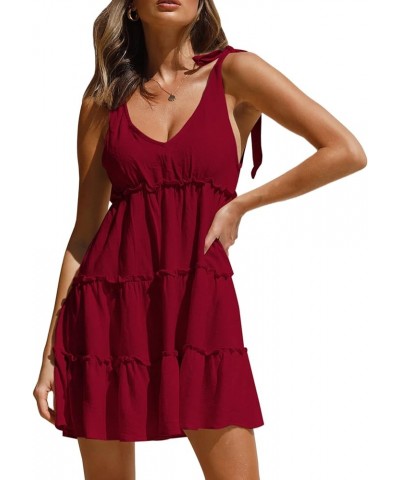 Women's Sleeveless Tie Shoulder Tiered Frill Swing Dress V Neck High Waist Loose Dresses Solid Mini Babydoll Dress Red $18.04...