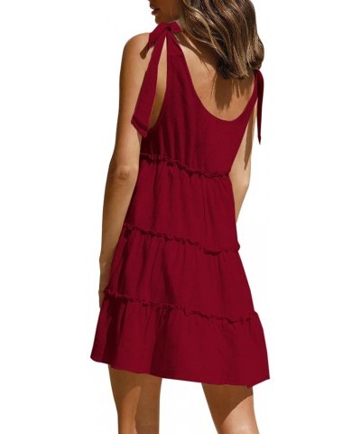 Women's Sleeveless Tie Shoulder Tiered Frill Swing Dress V Neck High Waist Loose Dresses Solid Mini Babydoll Dress Red $18.04...