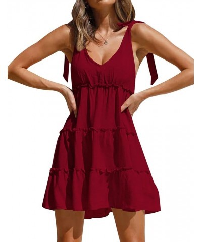 Women's Sleeveless Tie Shoulder Tiered Frill Swing Dress V Neck High Waist Loose Dresses Solid Mini Babydoll Dress Red $18.04...