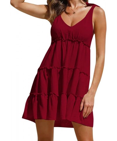 Women's Sleeveless Tie Shoulder Tiered Frill Swing Dress V Neck High Waist Loose Dresses Solid Mini Babydoll Dress Red $18.04...