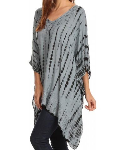 Wren Lightweight Circle Poncho Top Blouse With Detailed Embroidery Td-grey $19.79 Blouses