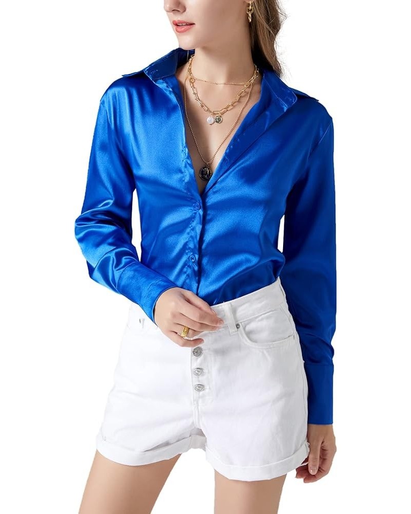 Women's Satin Silky Collar Buttons Down Long Sleeve Work Blouse Shirt Top Royal Blue $16.23 Blouses