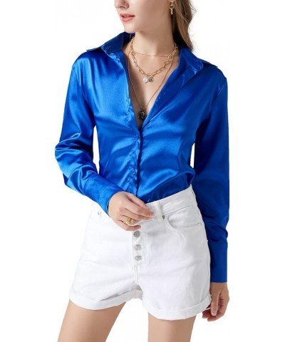 Women's Satin Silky Collar Buttons Down Long Sleeve Work Blouse Shirt Top Royal Blue $16.23 Blouses