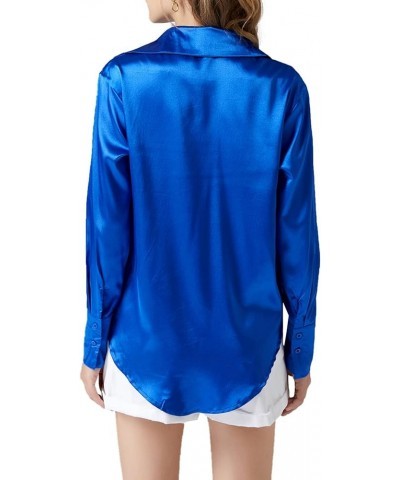 Women's Satin Silky Collar Buttons Down Long Sleeve Work Blouse Shirt Top Royal Blue $16.23 Blouses