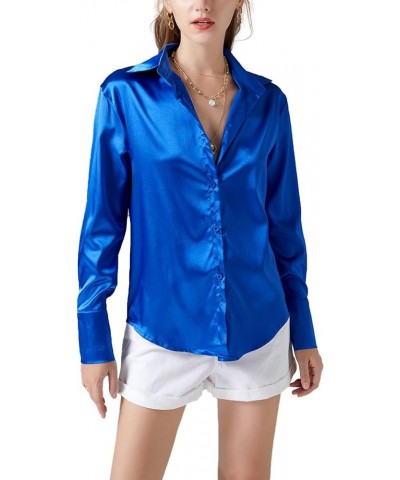 Women's Satin Silky Collar Buttons Down Long Sleeve Work Blouse Shirt Top Royal Blue $16.23 Blouses