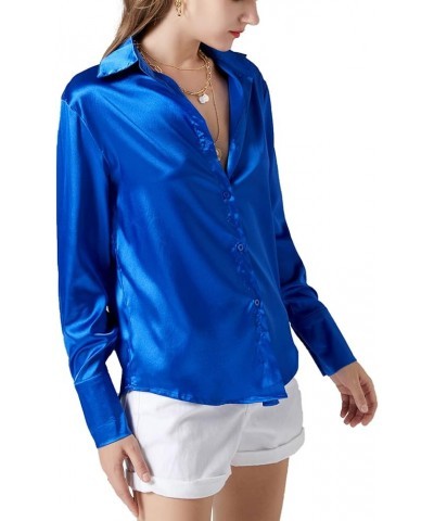 Women's Satin Silky Collar Buttons Down Long Sleeve Work Blouse Shirt Top Royal Blue $16.23 Blouses