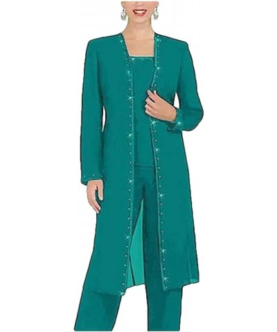 Mother of The Bride Pants Suits 3 PC Chiffon Beaded Women Outfits with Long Jacket Wedding Party Prom Dress Emerald $30.80 Suits