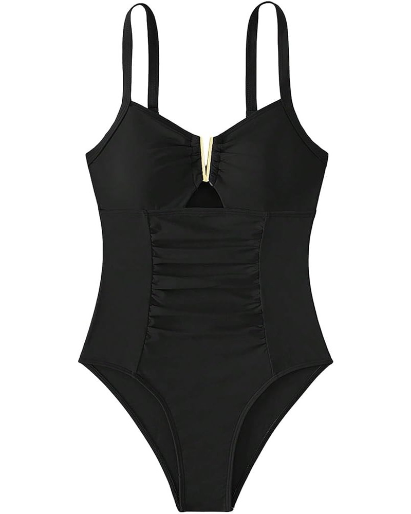 Women's One Piece Swimsuit Ruched Cut Out Bathing Suits Swimwear V Neck Beachwear Black $10.56 Swimsuits