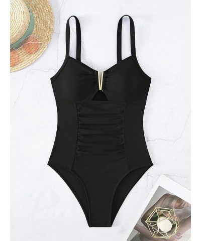 Women's One Piece Swimsuit Ruched Cut Out Bathing Suits Swimwear V Neck Beachwear Black $10.56 Swimsuits