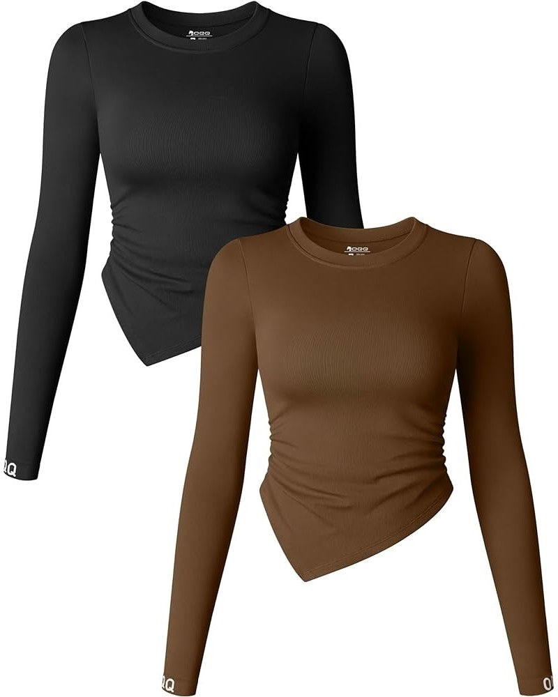 Women's 2 Piece Long Sleeve Crew Neck Ruched Stretch Fitted Underscrubs Layer Tee Shirts Tops Black,coffee $17.00 Tops