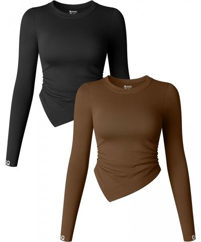 Women's 2 Piece Long Sleeve Crew Neck Ruched Stretch Fitted Underscrubs Layer Tee Shirts Tops Black,coffee $17.00 Tops