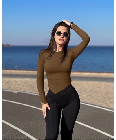 Women's 2 Piece Long Sleeve Crew Neck Ruched Stretch Fitted Underscrubs Layer Tee Shirts Tops Black,coffee $17.00 Tops