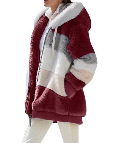 Womens Winter Faux Fur Shaggy Jacket Warm Zip Up Hooded Coat Oversized Shearling Outwear with Pockets Wine Red $15.36 Jackets