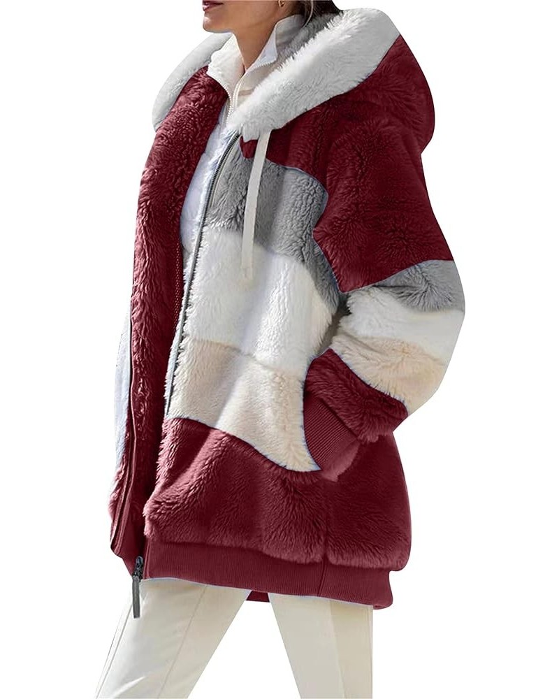 Womens Winter Faux Fur Shaggy Jacket Warm Zip Up Hooded Coat Oversized Shearling Outwear with Pockets Wine Red $15.36 Jackets