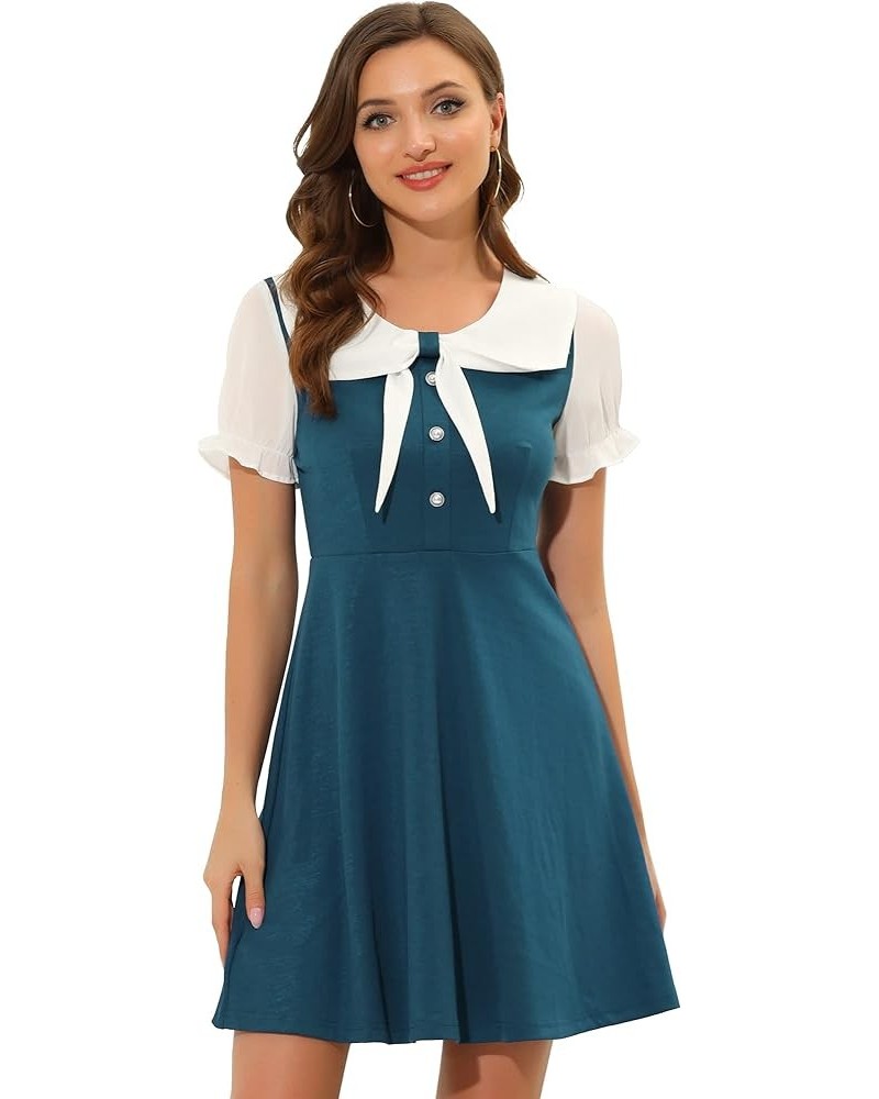 Women's 50s Lolita Contrast Color Peter Pan Collar Dress Lake Blue $15.91 Dresses