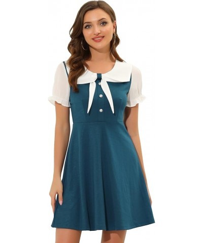 Women's 50s Lolita Contrast Color Peter Pan Collar Dress Lake Blue $15.91 Dresses