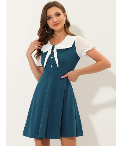 Women's 50s Lolita Contrast Color Peter Pan Collar Dress Lake Blue $15.91 Dresses