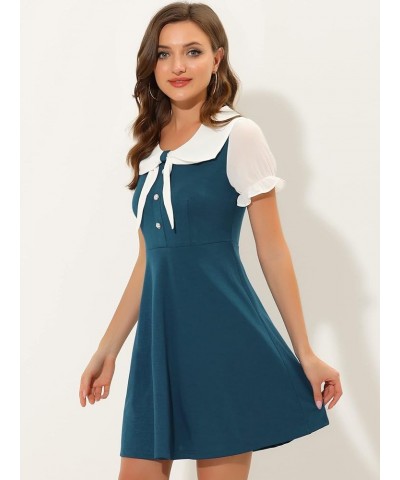 Women's 50s Lolita Contrast Color Peter Pan Collar Dress Lake Blue $15.91 Dresses