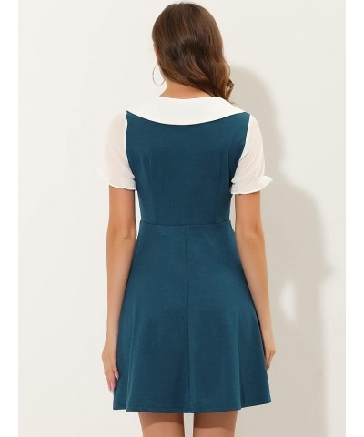 Women's 50s Lolita Contrast Color Peter Pan Collar Dress Lake Blue $15.91 Dresses