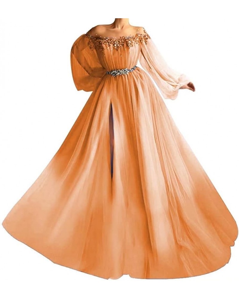 Woman's Off Shoulder A Line Prom Dress Vintage Beading Puffy Tulle Sleeve Formal Evening Gown with High Slit Orange $38.06 Dr...