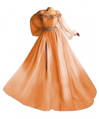 Woman's Off Shoulder A Line Prom Dress Vintage Beading Puffy Tulle Sleeve Formal Evening Gown with High Slit Orange $38.06 Dr...