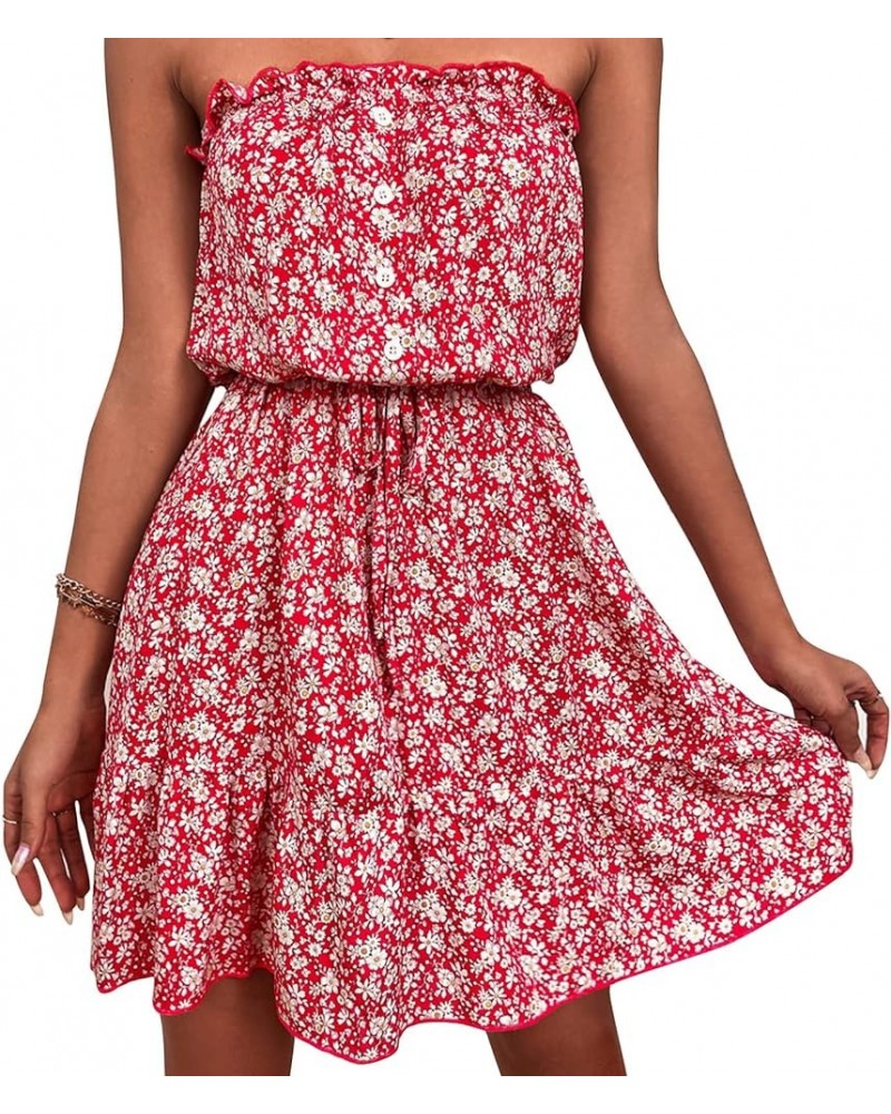 Women Vintage Off Shoulder High Waist Floral Print Beach Mini A Line Dress Red $9.70 Dresses