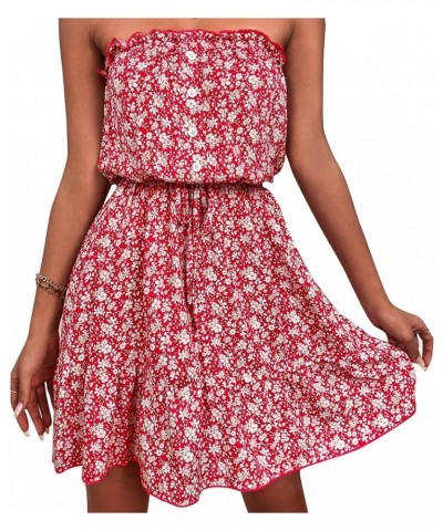 Women Vintage Off Shoulder High Waist Floral Print Beach Mini A Line Dress Red $9.70 Dresses