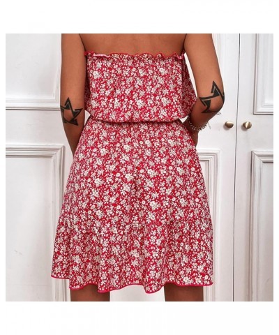 Women Vintage Off Shoulder High Waist Floral Print Beach Mini A Line Dress Red $9.70 Dresses