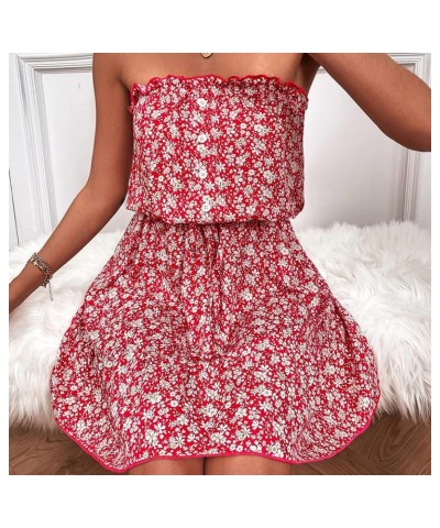 Women Vintage Off Shoulder High Waist Floral Print Beach Mini A Line Dress Red $9.70 Dresses