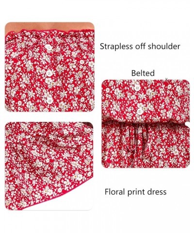 Women Vintage Off Shoulder High Waist Floral Print Beach Mini A Line Dress Red $9.70 Dresses