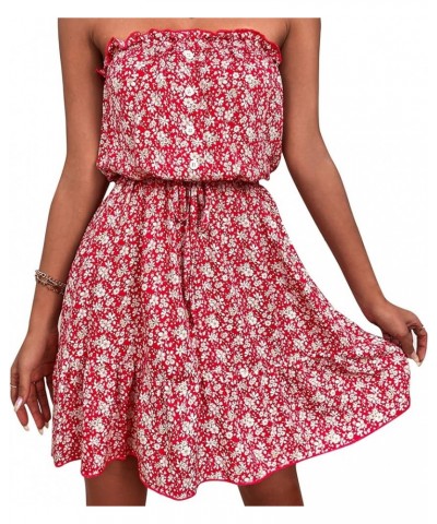 Women Vintage Off Shoulder High Waist Floral Print Beach Mini A Line Dress Red $9.70 Dresses