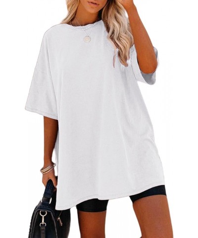 Women's Casual Solid Crewneck Short Sleeve Oversized T Shirt Drop Shoulder Tops L-white $14.15 Tops