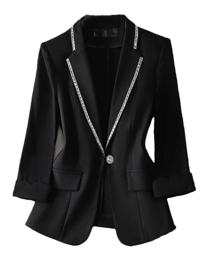 Women White Blazer Jacket 3/4 Sleeve Rhinestone Button Slim Thin Casual Office Blazers Black $20.67 Blazers