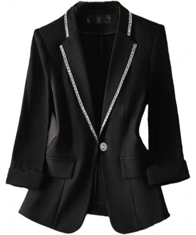 Women White Blazer Jacket 3/4 Sleeve Rhinestone Button Slim Thin Casual Office Blazers Black $20.67 Blazers