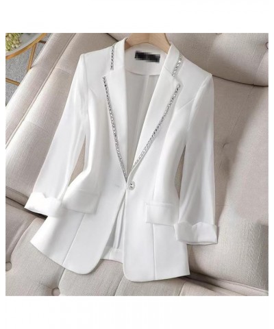 Women White Blazer Jacket 3/4 Sleeve Rhinestone Button Slim Thin Casual Office Blazers Black $20.67 Blazers