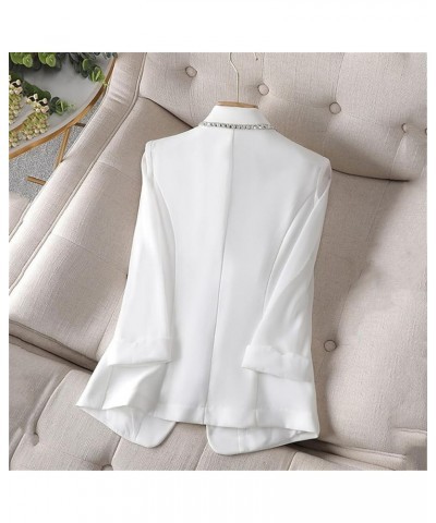 Women White Blazer Jacket 3/4 Sleeve Rhinestone Button Slim Thin Casual Office Blazers Black $20.67 Blazers