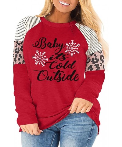 Plus Size Baby Its Cold Outside Christmas T Shirt Women Long Sleeve Plaid Splicing Tops Blouse Red $10.56 Blouses