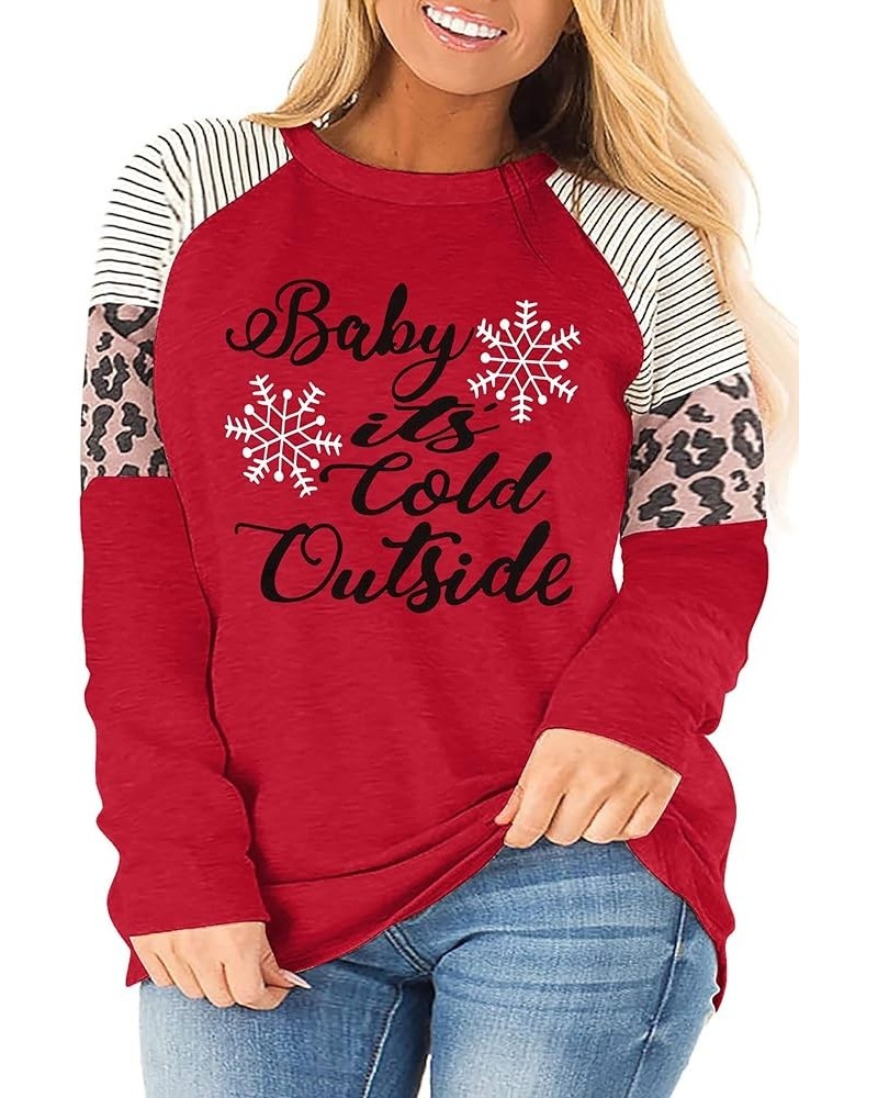 Plus Size Baby Its Cold Outside Christmas T Shirt Women Long Sleeve Plaid Splicing Tops Blouse Red $10.56 Blouses