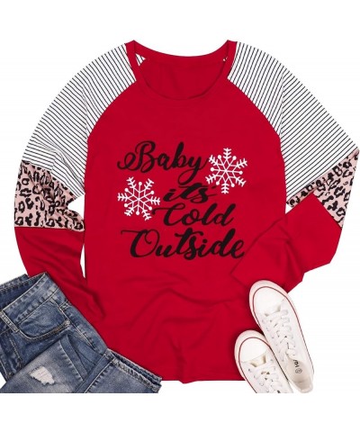 Plus Size Baby Its Cold Outside Christmas T Shirt Women Long Sleeve Plaid Splicing Tops Blouse Red $10.56 Blouses