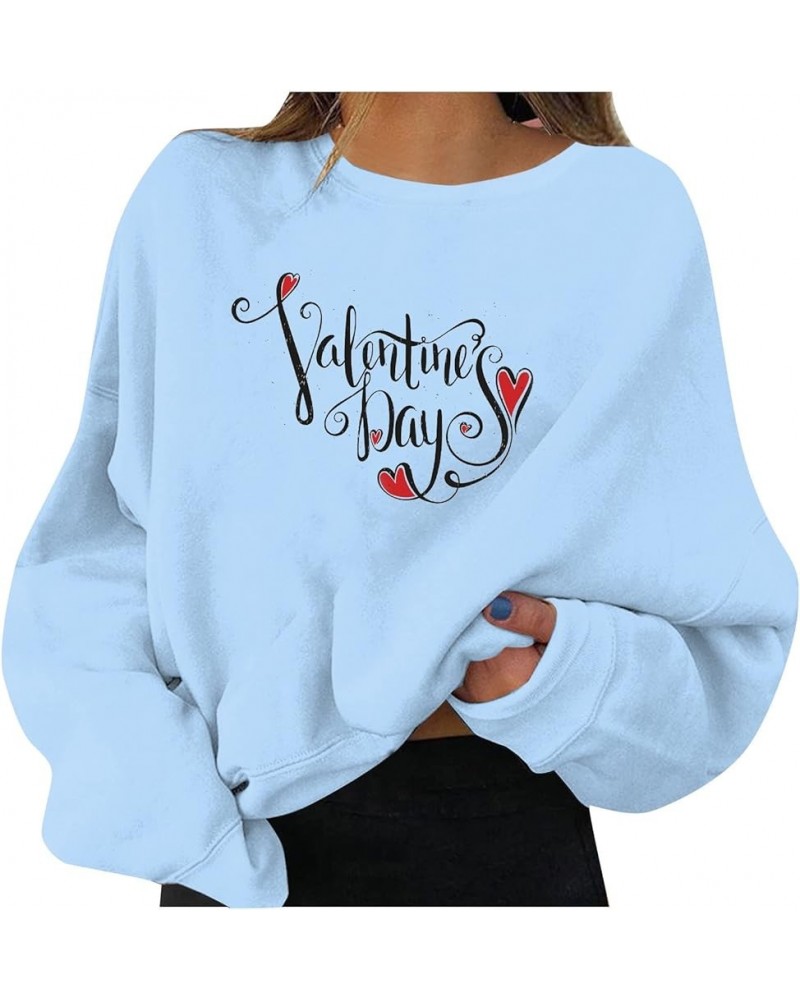 Women's Casual Solid Color Sweatshirts Long Sleeve Valentine's Day Print Sweater Fashion Round Neck Pullover 5-light Blue $5....