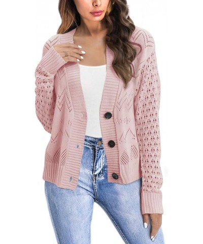 Women's Long Sleeve Open Front Cardigan Cable Knit Cardigan Sweaters Lightweight Hollow Out Button Down Casual Sweater Pink $...