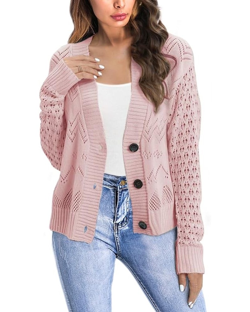 Women's Long Sleeve Open Front Cardigan Cable Knit Cardigan Sweaters Lightweight Hollow Out Button Down Casual Sweater Pink $...