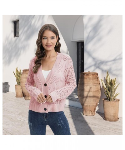 Women's Long Sleeve Open Front Cardigan Cable Knit Cardigan Sweaters Lightweight Hollow Out Button Down Casual Sweater Pink $...