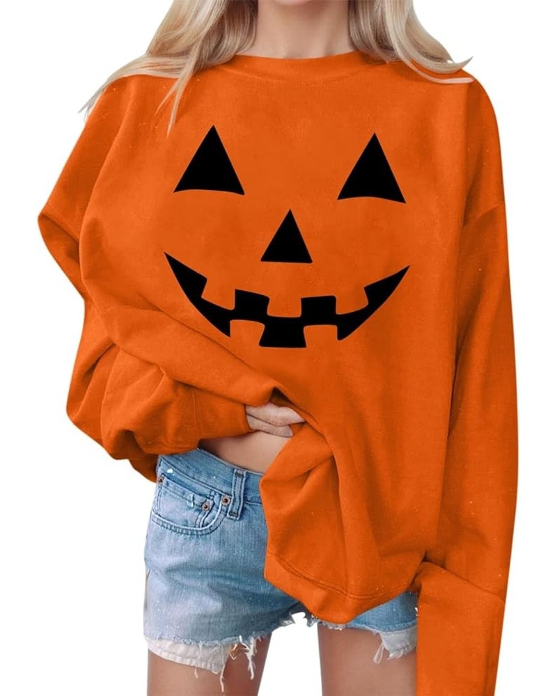 Halloween Sweatshirts For Women,2023 Fall Fashion Cute Pumpkin Graphic Long Sleeve Top Ghost Face Printed Shirt E-orange $7.6...