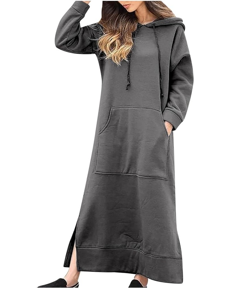 Plus Size Sweater Skirt Womens with Pockets Winter Split Long Sleeve Hoodies Sweatshirts Casual Drawstring Long Dress Dark Gr...