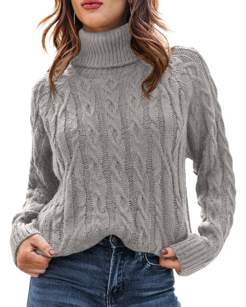 Womens Turtleneck Long Sleeve Pullover Sweaters Cable Knit Chunky Casual Soft Comfy Sweater Fitted Solid Jumper Tops Light Gr...