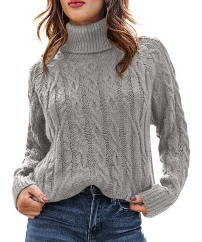 Womens Turtleneck Long Sleeve Pullover Sweaters Cable Knit Chunky Casual Soft Comfy Sweater Fitted Solid Jumper Tops Light Gr...